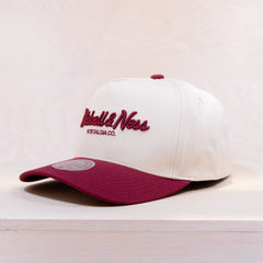 White and maroon cap with Mitchell & Ness logo on a light background